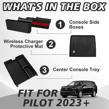Muslogy for 2023+ Pilot Center Console Organizer&Wireless Charger Protective Mat&Shifter Storage Box Left & Right Set Compatible with Honda Pilot 2023-2026 Accessories Console Side Inserts Organizer
