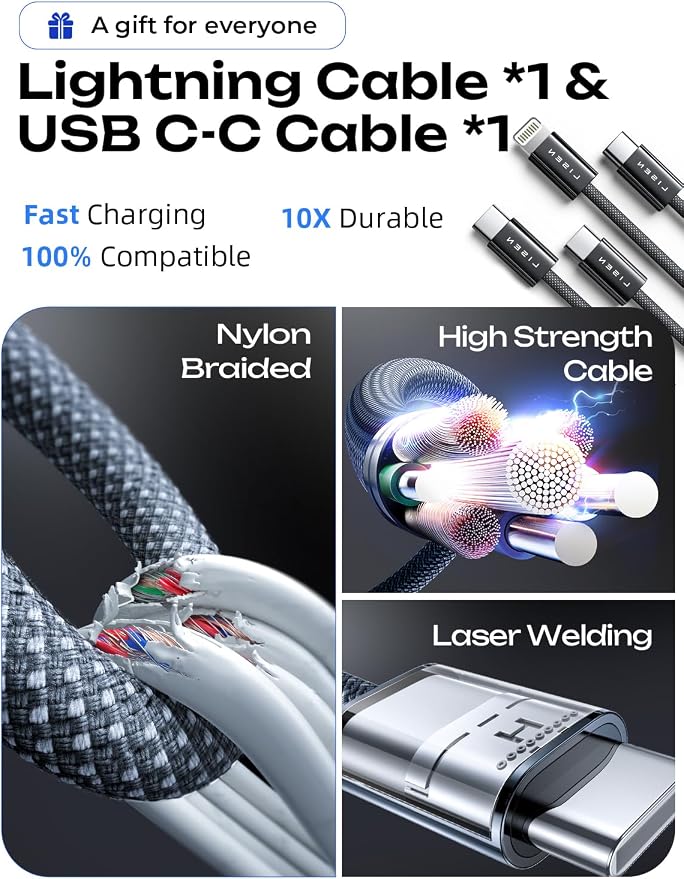 LISEN 90W Car Charger USB C Fast Charge, USB C Car Charger Fast Charge, Type C Car Charger for iPhone 17 Pro Max 16 15 14 13 12 11, for Samsung S26 S25 S24 [with Lighning & USB-C Cable]