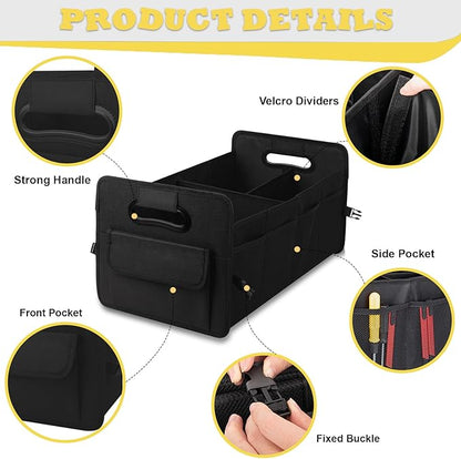 JiatuA Car Trunk Organizer, Car Organizers and Storage Collapsible Multi Compartment Container Box, Adjustable Car Accessories for SUV Sedan Truck, Standard Size, Black
