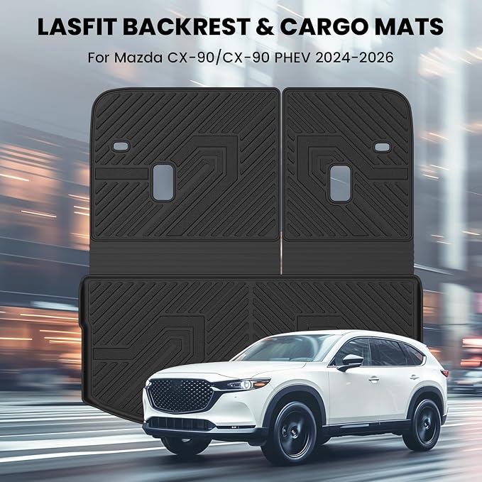 LASFIT Cargo Mat with Backrest Mat for Mazda CX90 / CX90 PHEV 2024 2025 2026 (Only Fit 3rd Row 60/40 Split-bench Seats 3-Seats) TPE Custom Fit All Weather Trunk Liner Waterproof Cargo Tray Accessories