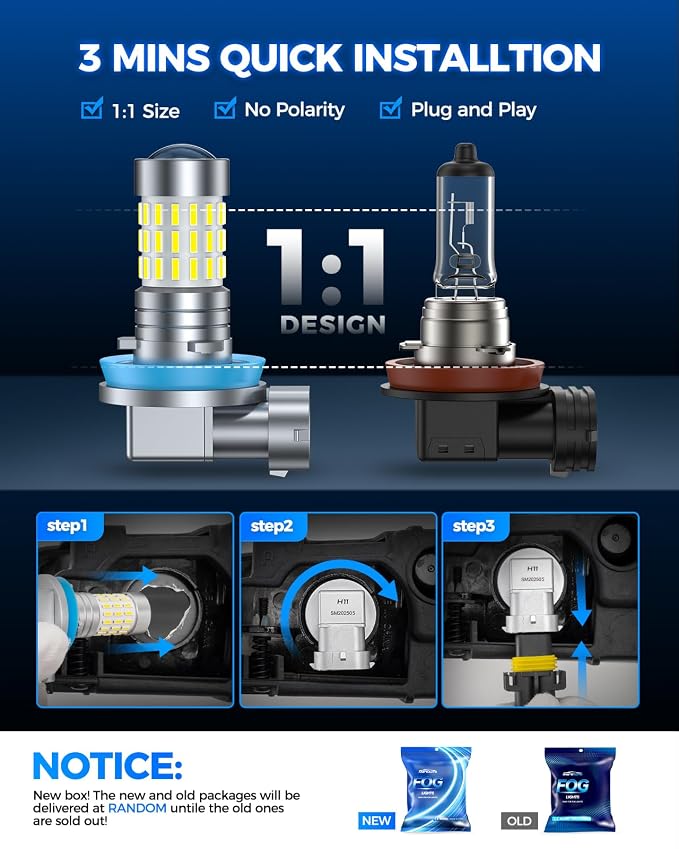 Marsauto H11 H8 Led Fog Light Bulbs or DRL, 10,000 Lumens 6000K White, 48 Chips Fog Lights, H11 Led Bulb 1:1 Mini Size H11/H8/H16 Led Fog Lights, 360° Illumination, (Clear Lens Side Marker)
