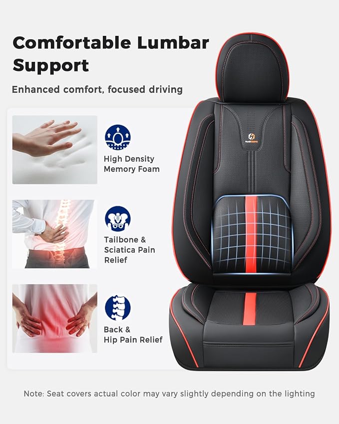 Huidasource Front Seat Covers Luxury Nappa Leather, Car Seat Cover Front Seats with Airbag, Front Storage Pocket, Lumbar Support, Cooling＆Heating, Universal Fit for Most Cars SUV Trucks, Black&Red