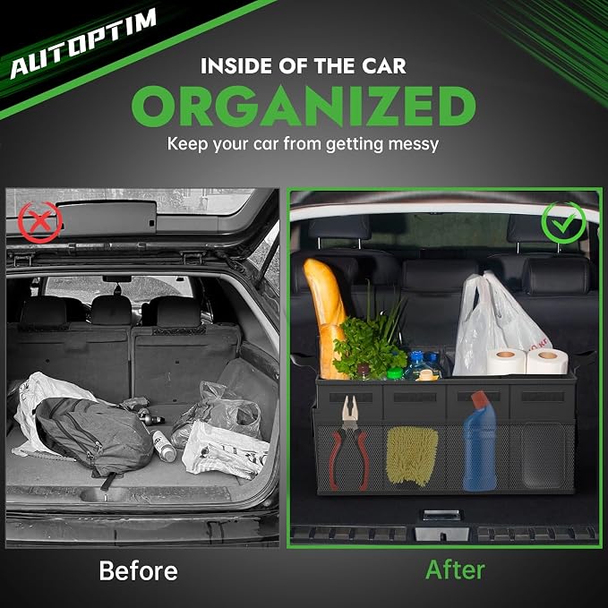 AUTOPTIM Car Trunk Organizer - Collapsible Car Organizer with Non Slip Bottom & Multiple Pockets for Groceries, Trunk Storage with Base Panel for SUV Sedan Van, 2 Compartments (Black, Small, 2 Pack)