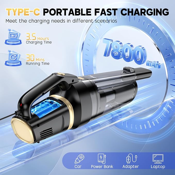 JONYJ Handheld Vacuum Cordless, 16000PA Strong Suction Hand Held Car Vacuum Cleaner, Portable Hand Vacuum Rechargeable with Multi-Nozzles & LED Light for Home, Car, Office, Pets