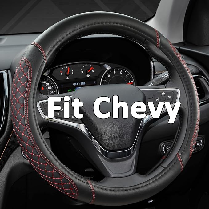 West Llama Customized Auto Car Steering Wheel Cover for Chevy Silverado,Tahoe,Equinox,Traverse,Trailblazer,Colorado (Diamond Quilted-Black+Red-Standard Size)