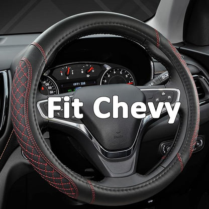 West Llama Customized Auto Car Steering Wheel Cover for Chevy Silverado,Tahoe,Equinox,Traverse,Trailblazer,Colorado (Diamond Quilted-Black+Red-Standard Size)