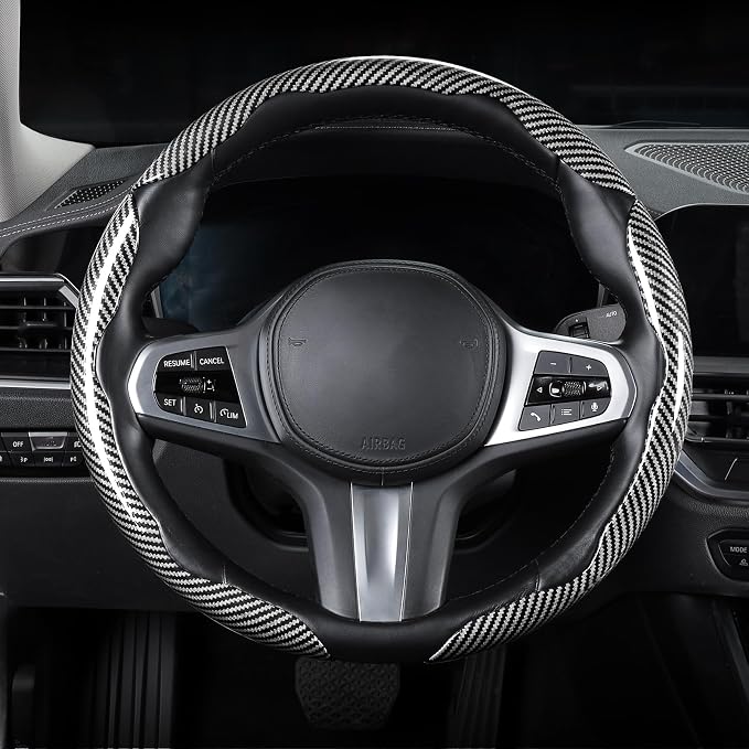 Carbon Fiber Steering Wheel Cover, Snap on Car Steering Wheel Cover Set Accessories 3pcs Wrap Grip Non Slip Protector Universal Glossy Silver