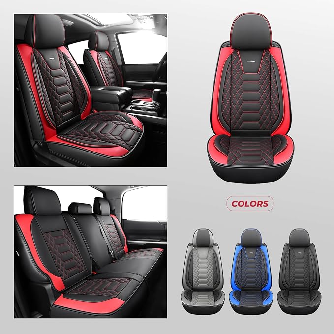 FREESOO Tundra Seat Covers 2014-2021 Full Set, Fit for Toyota Tundra Crewmax Cab, Custom Truck Seat Covers with Waterproof Faux Leather BlackRed
