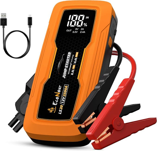 EcoNour 2500A Portable Car Jump Starter – 12V Battery Booster Pack Up to 8.5L Gas & 6L Diesel Engines – Heavy-Duty Jump Box with Smart Jumper Cables, USB Charger, LED Flashlight – for Cars,SUVs,Trucks