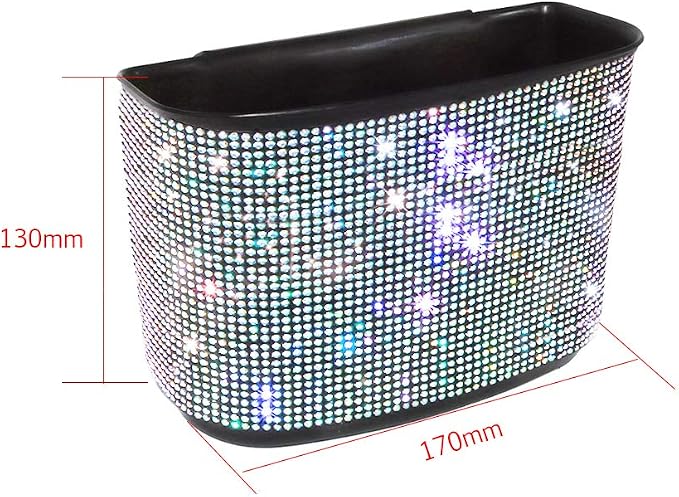 Bling Crystal Car Trash Can Auto Hanging Car Trash Can Sparkling Storage Holder Litter Container for Vehicle Office Home (White Rhinestone)