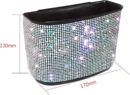 Bling Crystal Car Trash Can Auto Hanging Car Trash Can Sparkling Storage Holder Litter Container for Vehicle Office Home (White Rhinestone)