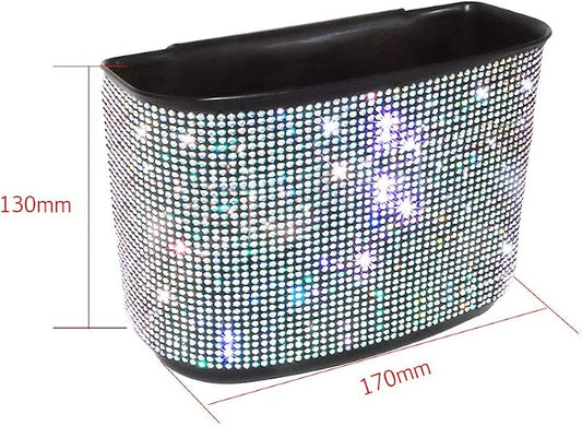 Bling Crystal Car Trash Can Auto Hanging Car Trash Can Sparkling Storage Holder Litter Container for Vehicle Office Home (White Rhinestone)