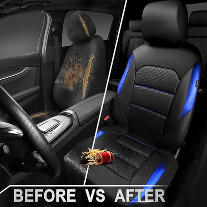 CAR PASS Memory Foam Leather Seat Covers,Air Cool Mesh Thick Car Seat Covers Front Seats Blue Leather Seat Covers for Cars Universal for SUVs Trucks,Airbag Compatible Comfort Durable,Black Blue Metal