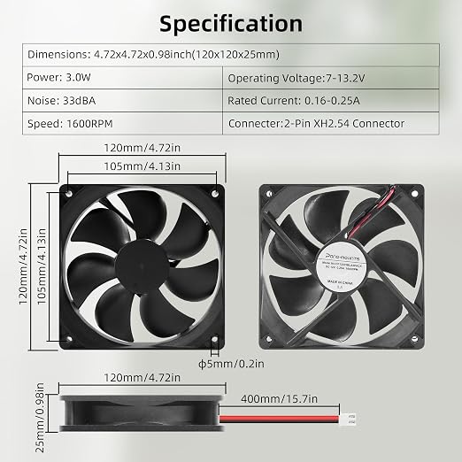 12V DC Fan Strong Quiet 120x120x25mm 12cm Small Cooling Fan 2Pin 2Wire 1600RPM High-Performance PC Fans 120mm 2-Pack