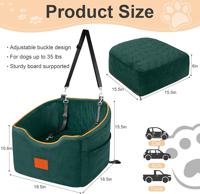 XIEEAOZEE Dog Car Seat for Small Dogs, Memory Foam Booster Dog Seat for Dogs up to 35 lbs, Elevated Pet Car Seat, Travel Safety Pet Seat with Washable Removable Cover, Storage Pockets (Green)