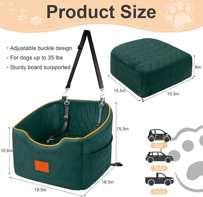 XIEEAOZEE Dog Car Seat for Small Dogs, Memory Foam Booster Dog Seat for Dogs up to 35 lbs, Elevated Pet Car Seat, Travel Safety Pet Seat with Washable Removable Cover, Storage Pockets (Green)