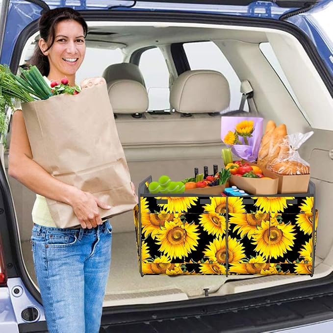 Homeve Car Trunk Organizer for SUV, 18.5Gal Large Capacity No-Sag Heavy Duty, Foldable Waterproof Anti-Slip Storage with 12 Pockets, Fit Sedan, Truck, Universal Car Accessories, Sunflower, Large