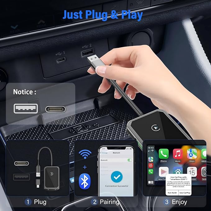 Wireless CarPlay Adapter for iPhone, Plug & Play Bluetooth & 5.8GHz Converter, Upgrades Wired to Wireless CarPlay, Auto-Reconnect, Compatible with iPhone iOS 10+ & Cars with Factory CarPlay 2016+