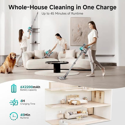 Cordless Vacuum Cleaner, Powerful Stick Vacuum Cleaner for Home with Rechargeable Battery, 6-in-1 Lightweight Handheld Vacuum, 45 Mins Runtime for Hardfloor & Carpets Pet Hair (Green)