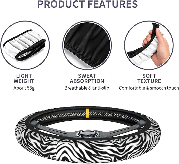 Zebra Steering Wheel Covers Non Slip Neoprene Stripe Pattern Steering Wheel Protector Cover Universal 15 inch for Women Men Car Trucks