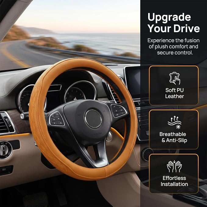 Zpana Car Steering Wheel Cover, 14.5-15" Breathable Soft Leather Vehicle Steering Wheel Protector with Anti-Slip Lining, Comfortable Auto Interior Decoration Accessories, Universal Fit (Orange)