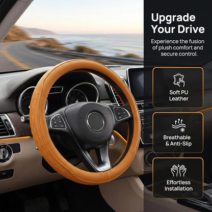 Zpana Car Steering Wheel Cover, 14.5-15" Breathable Soft Leather Vehicle Steering Wheel Protector with Anti-Slip Lining, Comfortable Auto Interior Decoration Accessories, Universal Fit (Orange)
