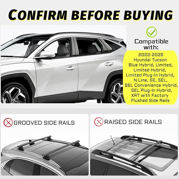 Gdydi 220lbs Car Roof Rack Cross Bars Compatible with 2022-2025 Hyundai Tucson SE SEL N Line Limited NX4 (Fit for Flush Side Rails), Aluminum Lockable Roof Cross Bars for Kayak Bike Rooftop Cargo