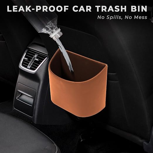 COZILO Leather Car Trash Can – Leakproof & Easy-to-Clean Car Trash Bin for Luxury Cars, SUVs & Trucks | Includes 60 Custom Liners, Secure Hook, Easy Install, Brown
