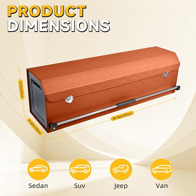 Car Trunk Organizer, Collapsible Sturdy Trunk Storage Container with Lid and Handle Large Leather Car Trunk Storage (Orange, 39.7 x 11.4 x 12.2in)