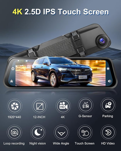 Podofo 12" Mirror Dash Cam with Wireless Carplay&Android Auto,4K Front Mirror Dash Cam with IPS Touchscreen,Support Night Vision,Voice Control,Parking Assistance,G-Sensor,24H Parking Monitor