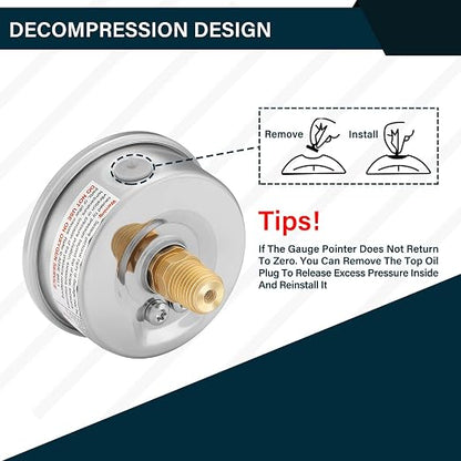 MEASUREMAN 2-1/2 inch Dial Size, Liquid Filled Pressure Gauge, 0-300psi/2000kpa, 304 Stainless Steel Case, 1/4 inch NPT Back Mount