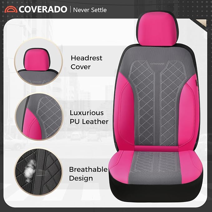 Coverado Car Seat Covers Full Set, Leather Seat Covers, Rose Automotive Protectors 5-Seat, Luxury Universal Fit Seat Covers for SUV, Truck, Sedan and Most Vehicles All-Weather