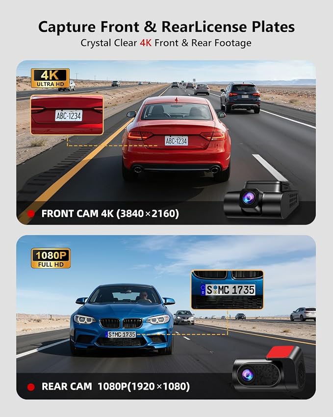 4K Dash Cam Front and Rear, HDR Night Vision Dash Camera for Cars 64GB Card 5.8GHz WiFi6 up to 20MB/s APP Control Dash Cams Built-in GPS, G-Sensor, Loop Recording, 170°Wide Angle, 24H Parking Mode