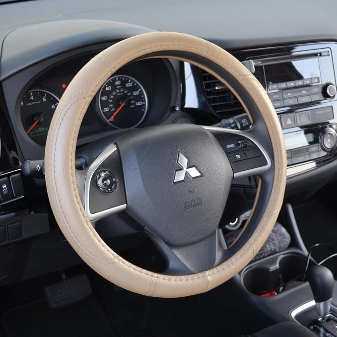 BDK Ergonomic Grip Steering Wheel Cover - Leather Performance Grip for Standard Size Wheels 14.5-15 inch Beige