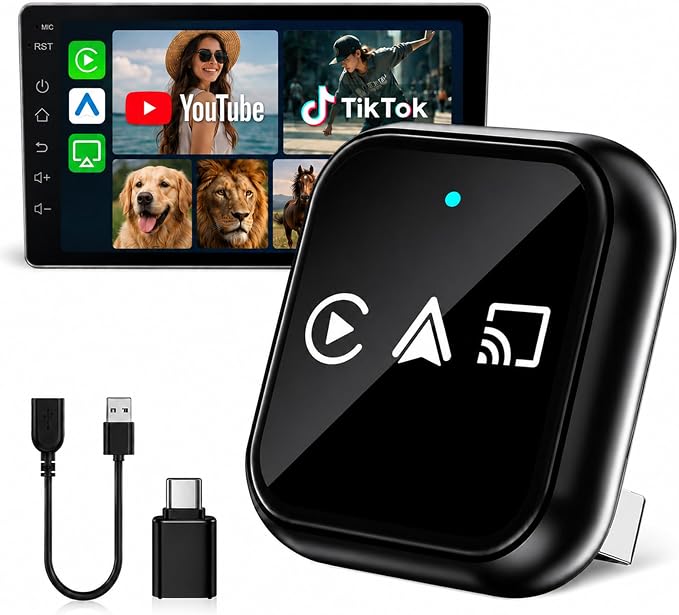 2026 Wireless CarPlay Adapter for iPhone, 3-in-1 Wired to Wireless CarPlay Dongle with AirPlay, 5-Second Auto Connect, Low Latency, USB-A/C for OEM Wired CarPlay Cars