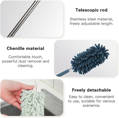 2PCS Car Interior Duster with Extension Pole, Microfiber Retractable Dusters Auto Dash Cleaning Tool, Soft Chenille Hand Washable Dusters for Vehicle Window Office Furniture (Blue)