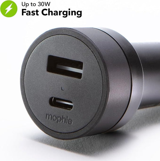 Mophie 42W Dual USB-C + USB-A Car Charger, Universal AUX Compatibility, LED Indicator, Fast Charging, Multi-Device
