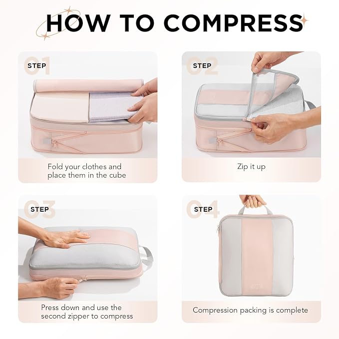 OlarHike 6 Set Compression Packing Cubes for Travel Essentials,Compressible Expandable Space Saver Bags for Organizing Clothes,Luggage Suitcase Garment Bags with Over 1000 pcs Mesh Holes(Beige)