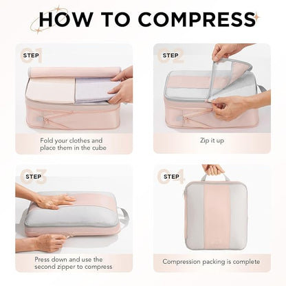 OlarHike 6 Set Compression Packing Cubes for Travel Essentials,Compressible Expandable Space Saver Bags for Organizing Clothes,Luggage Suitcase Garment Bags with Over 1000 pcs Mesh Holes(Beige)