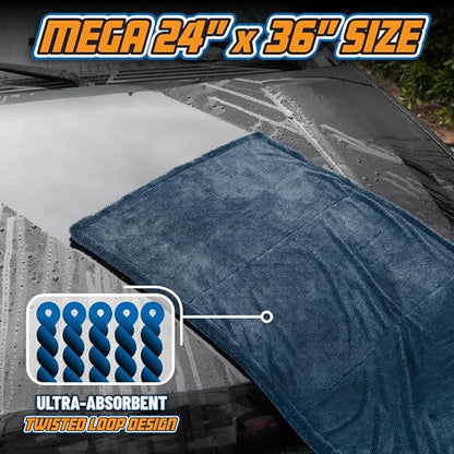 Chemical Guys Megalodon Microfiber Drying Towel with Twisted Loop Technology, Super Plush Absorbent 24" x 36" Microfiber Towel for Cars, Trucks, SUVs, RVs, and More, Extra Large Dark Blue Drying Cloth