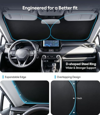 Wigoo 2026 Upgrade Universal Car Windshield Sun Shade [100% Light Block, Durable 210D Oxford] Foldable Heat Insulation Interior Sun Visor to Keep Interior Cool with Storage Bag, S2(59"x33")