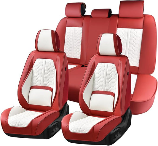 Huidasource Seat Covers for Cars, Leather Car Seat Covers Front and Rear Seat Full Set, Automotive Car Seat Cushion Covers Protector 5 Seats Fit for Most Cars SUV Trucks, Red & White