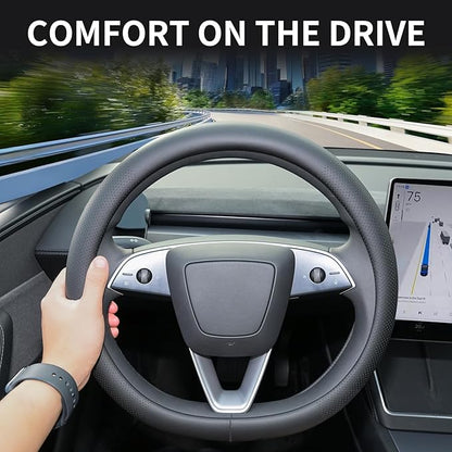 Uxcer Nappa Leather Steering Wheel Cover Compatible with Tesla Model 3/Y 2016-2025 2026 Juniper/Highland, Non-Slip Breathable Model 3/Y Steering Wheel Protector, Black