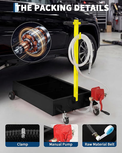 Garvee Oil Drain Pan, 15 Gallon Waste Oil Drain Pan for Oil Change, Steel,8-8.2 ft Hose& Folding Handle&Rolling Cart, Heavy Duty for Trucks,Manual,Black