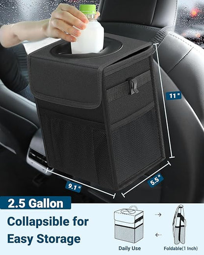 Capolo Car Trash Can with Lid, Leakproof Car Trash Bag Hanging Waterproof Automotive Garbage Can with Storage Pockets Mini Vehicle Trash Bin for Back/Front Seat(Black,2.5 Gallon)