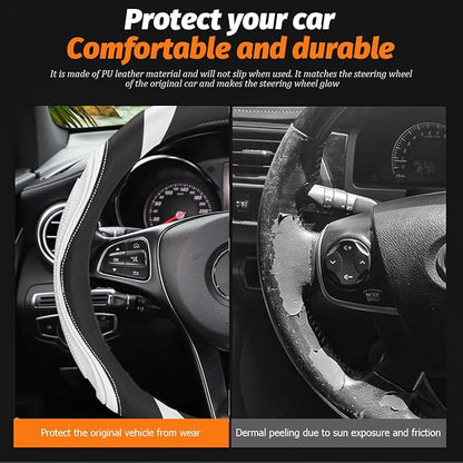 Osilly 15 Inch Car Leather Steering Wheel Cover, Automotive Accessories Elastic Breathable Anti-Slip Soft Wheel Protector Fits Men and Women, Suitable for SUVs, Trucks, Vehicles and RVs (White)