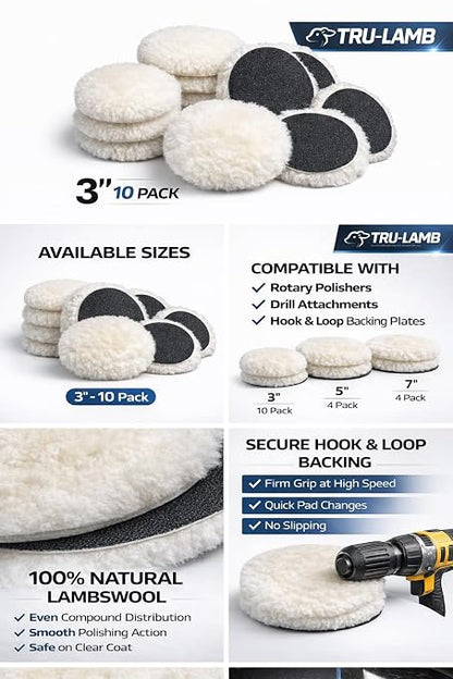 Lambswool Polishing Pads Sheepskin Buffing Pads, Lambs Wool Cutting Pads with Hook and Loop Backing - Wool Buffs (10 Pack, 4 Inch)