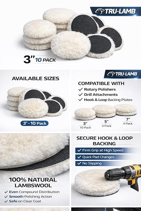 Lambswool Polishing Pads Sheepskin Buffing Pads, Lambs Wool Cutting Pads with Hook and Loop Backing - Wool Buffs (10 Pack, 3 Inch)