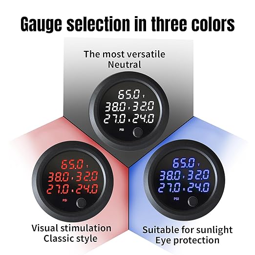 New Upgrade 12V/24V Five Pressure Air Pressure Gauge 2Inch(52mm) 0-232PSI with 5Pcs 1/8NPT Sensors and 16.5ft (5M) Sensor Cable LED Blue