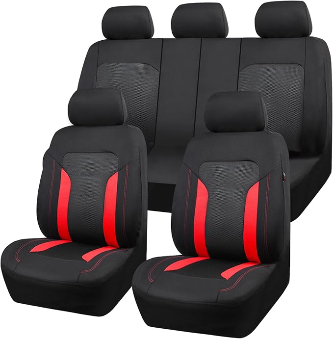 CAR PASS 3D Air Mesh Car Seat Covers Full Set, Breathable Sporty Rear Bench with Zipper for Armrest Box Universal Fit 95% Automotive SUV,Truck,Sedan Interior Cute Women Airbag Compatible, Black Red